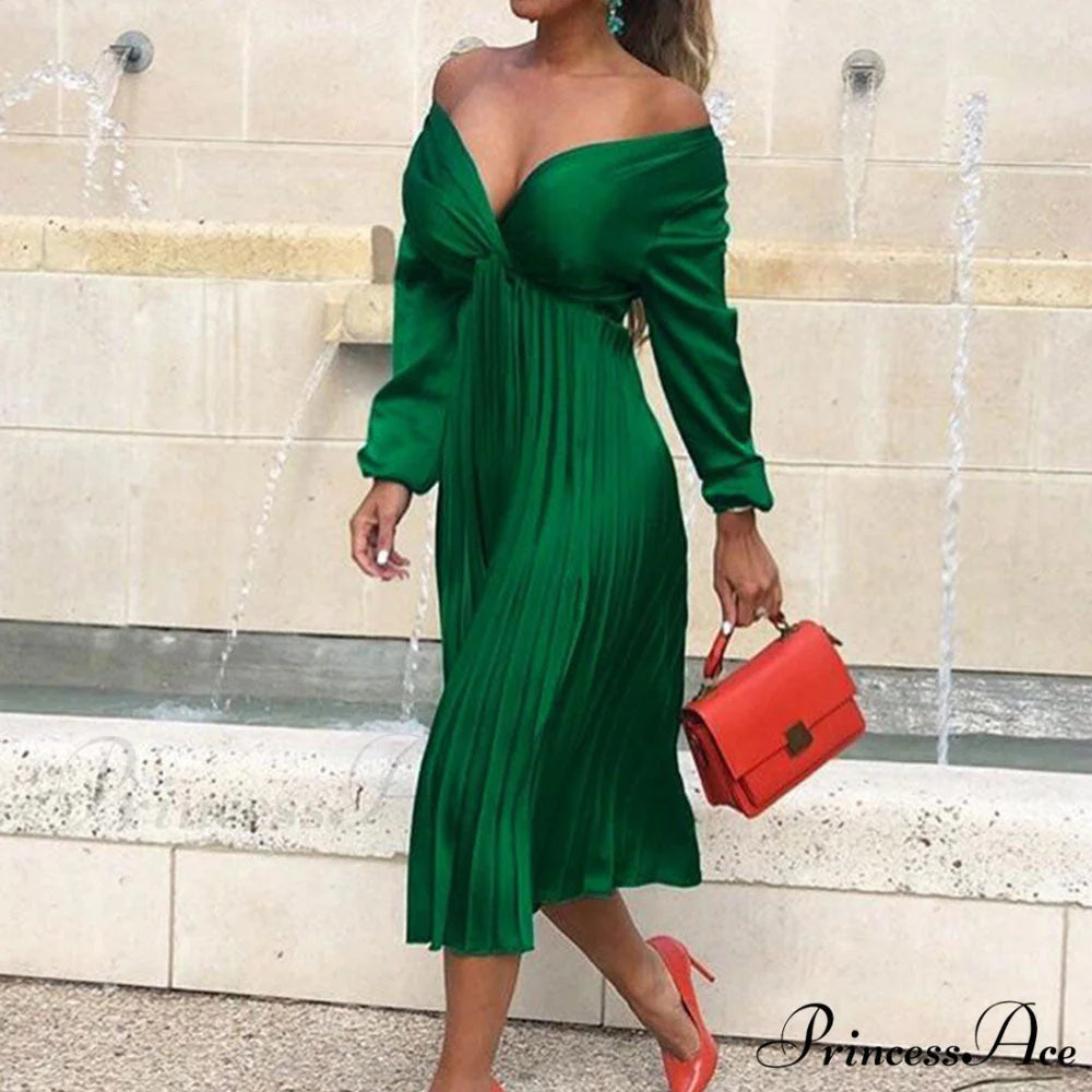 Elegant Off Shoulder V Neck Satin Pleated Midi Dress Green / S
