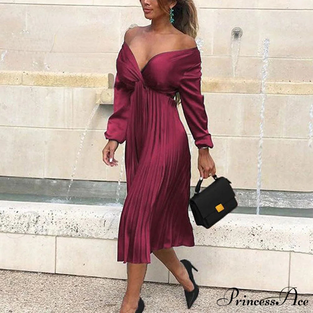 Elegant Off Shoulder V Neck Satin Pleated Midi Dress Wine Red / S