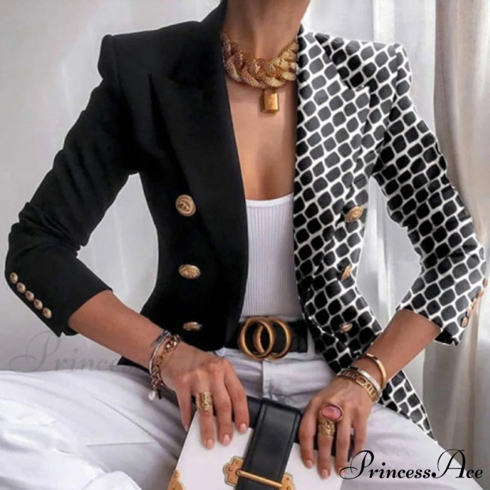 Elegant Office Lady Double Breasted Blazers 01 Dot Black / S