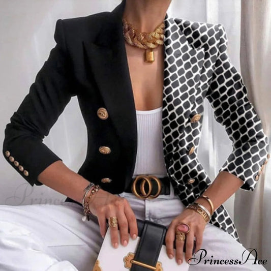 Elegant Office Lady Double Breasted Blazers 01 Dot Black / S