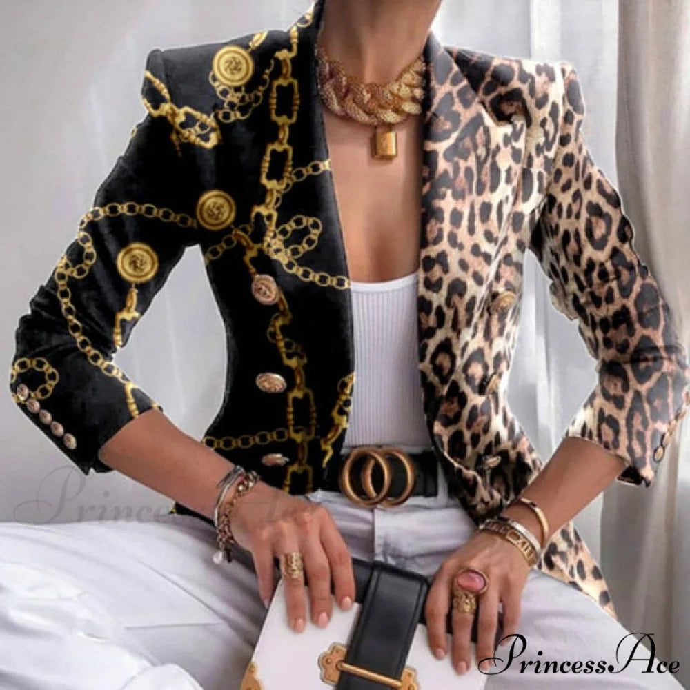 Elegant Office Lady Double Breasted Blazers 04 Chain Leopard / S