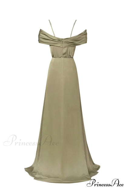 Elegant Olive Off-The-Shoulder Charming Silk Maxi Dress