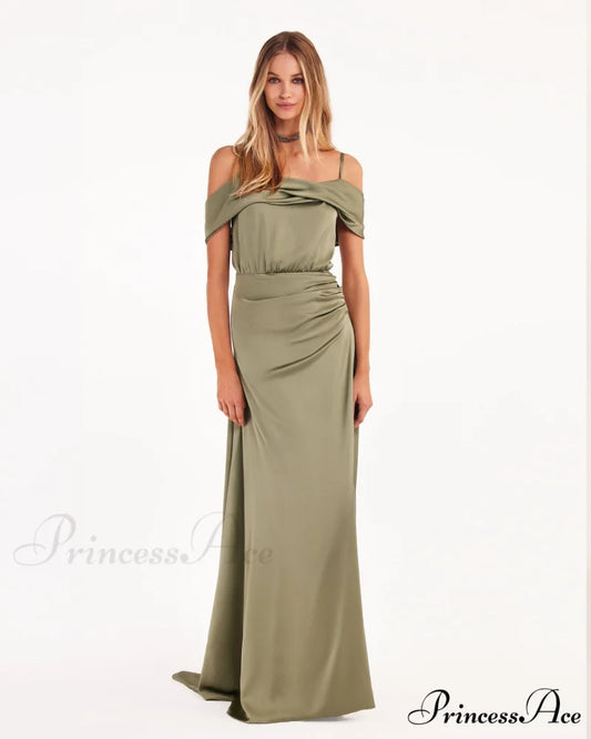 Elegant Olive Off-The-Shoulder Charming Silk Maxi Dress