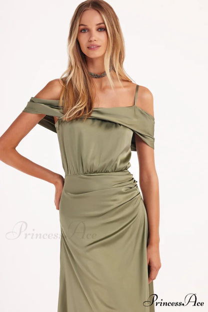 Elegant Olive Off-The-Shoulder Charming Silk Maxi Dress