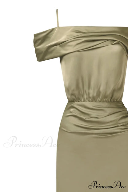 Elegant Olive Off-The-Shoulder Charming Silk Maxi Dress