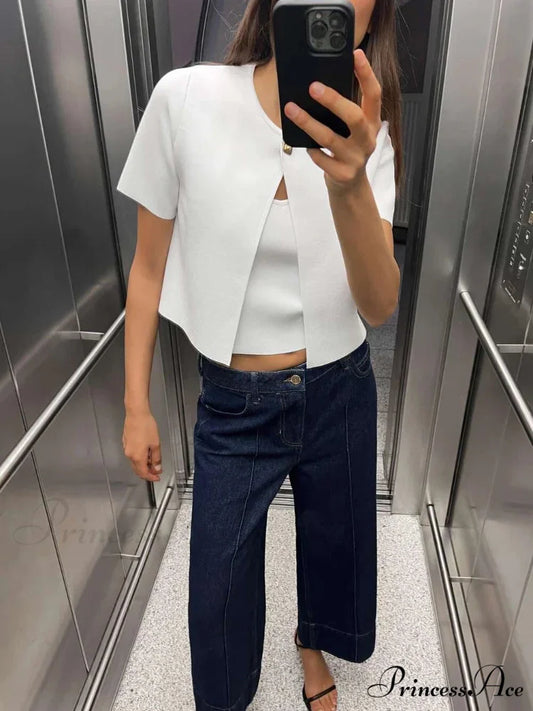 Elegant One Button Red Short Sleeve Cardigan 01 White / S