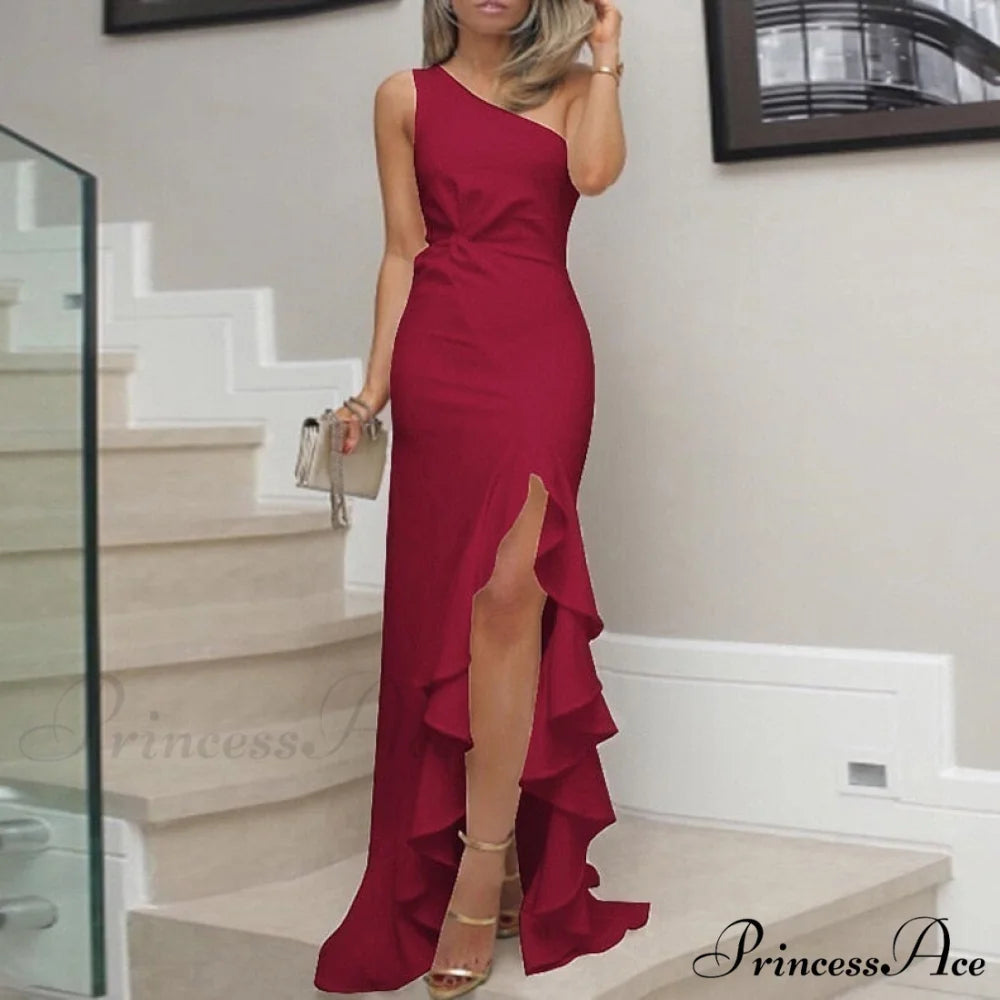 Elegant One Shoulder Bandage Sexy Sleeveless Dress Claret / S