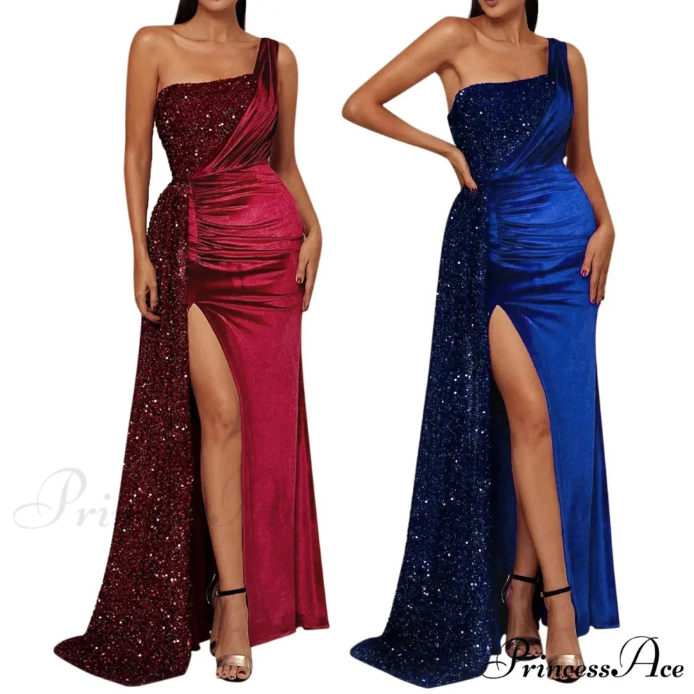 Elegant One Shoulder Draped Split Wedding Party Prom Formal Long Gown Christmas Party Dress