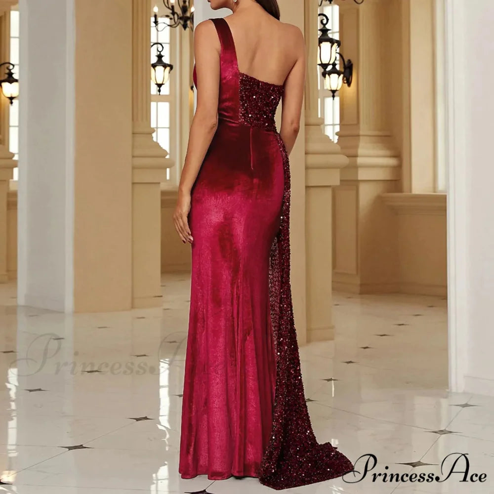 Elegant One Shoulder Draped Split Wedding Party Prom Formal Long Gown Christmas Party Dress