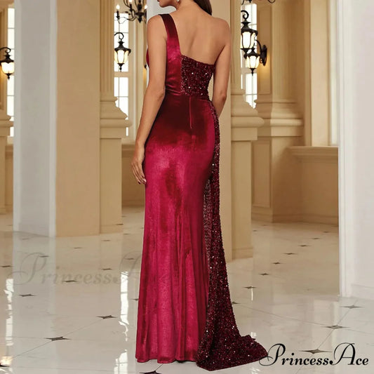 Elegant One Shoulder Draped Split Wedding Party Prom Formal Long Gown Christmas Party Dress