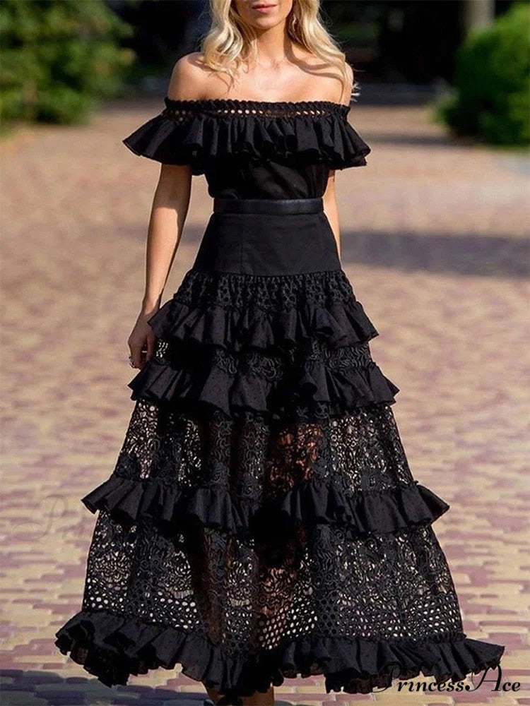 Elegant One-Shoulder Solid Ruffle Long Evening Dress 02 Black / S