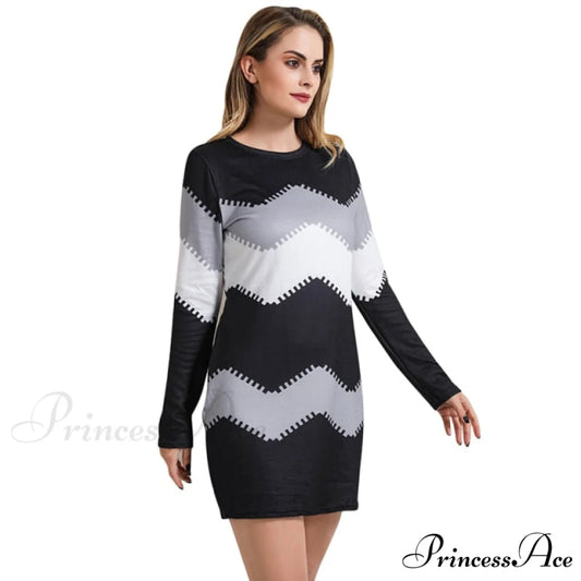 Elegant Patchwork Long Sleeve Thin Dress BLACK / S