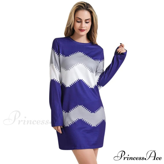 Elegant Patchwork Long Sleeve Thin Dress BLUE / S