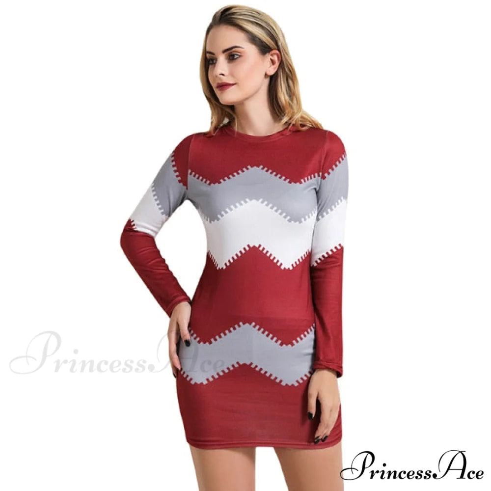 Elegant Patchwork Long Sleeve Thin Dress RED / S