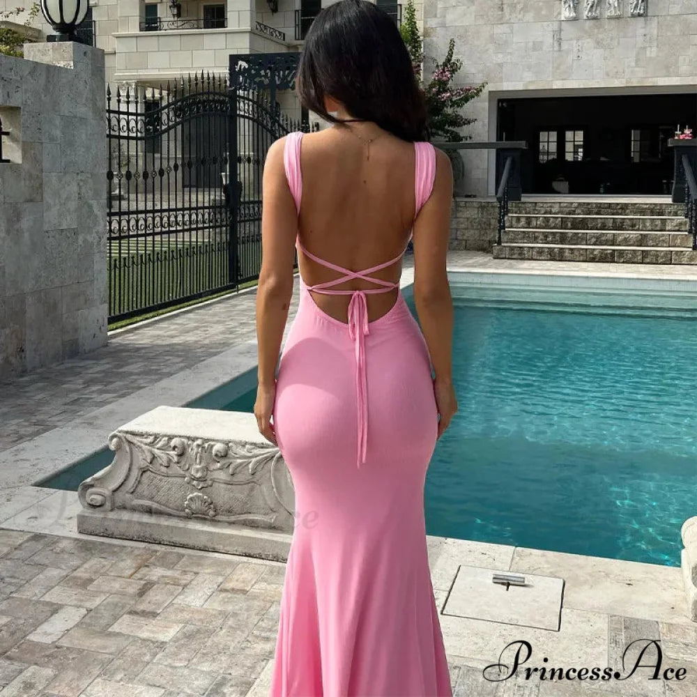 Elegant Pink Backless Maxi Dress Pink / S