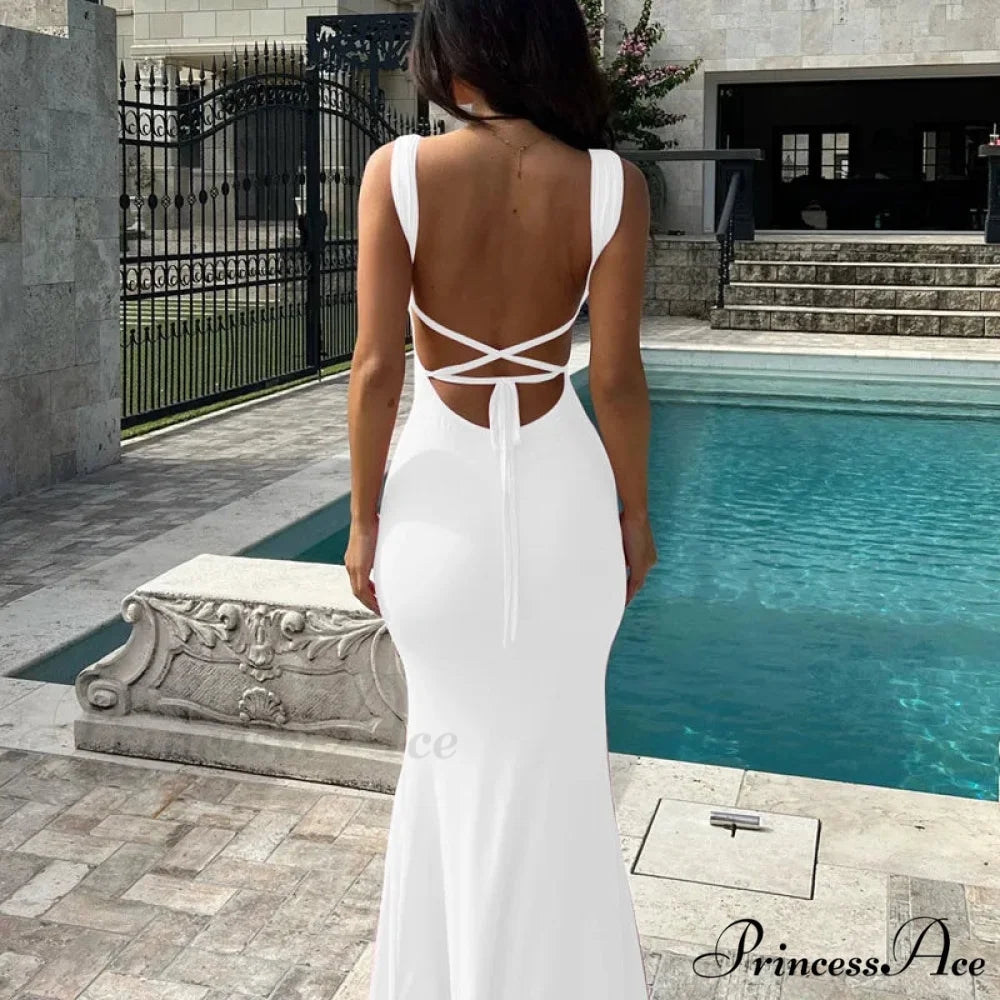 Elegant Pink Backless Maxi Dress WHITE / S