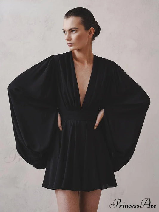 Elegant Pleated High Waist Dresses Black / M