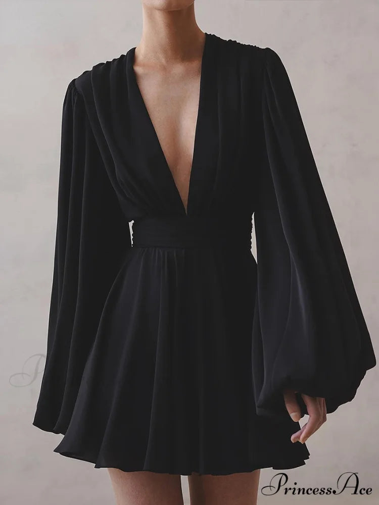 Elegant Pleated High Waist Dresses Black / M