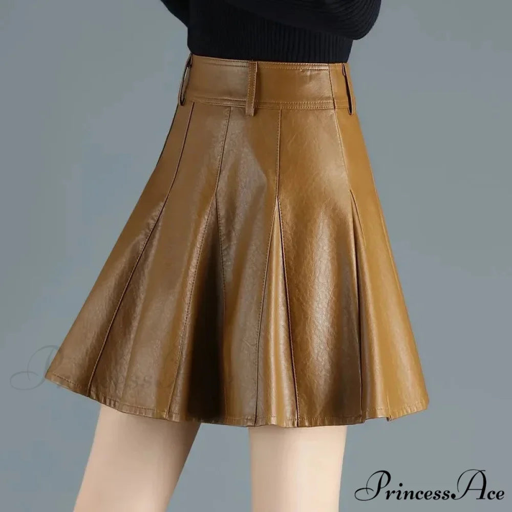 Elegant Plus Size New Fashion Korean Genuine Real Leather High Waist Sexy Skirt BROWN / S
