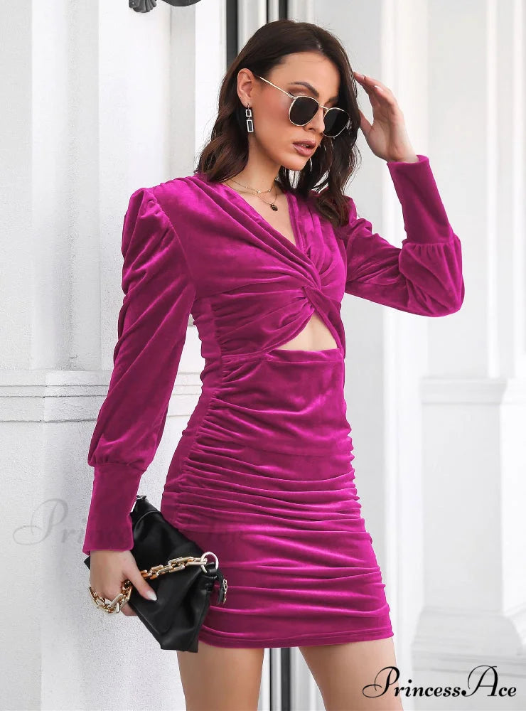 Elegant Polka Dot Dress with Long Sleeves S / Purple