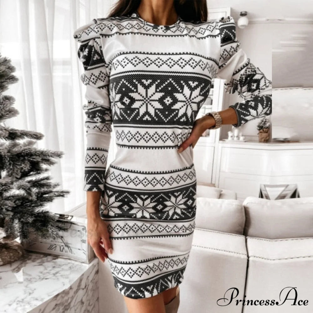 Elegant Puff Shoulder Long Sleeve Dresses Puff Sleeve White / XL