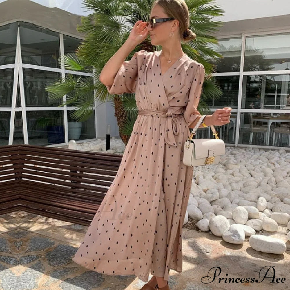 Elegant Puff Sleeve A-Line V Neck Sash Dress Pink / M