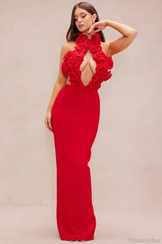 Elegant Red Floral Backless Maxi Bodycon Evening Dress