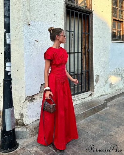 Elegant Red IrRegular Pleated Wrap Waisted Chic Slim Maxi Christmas Party Dress Red / S