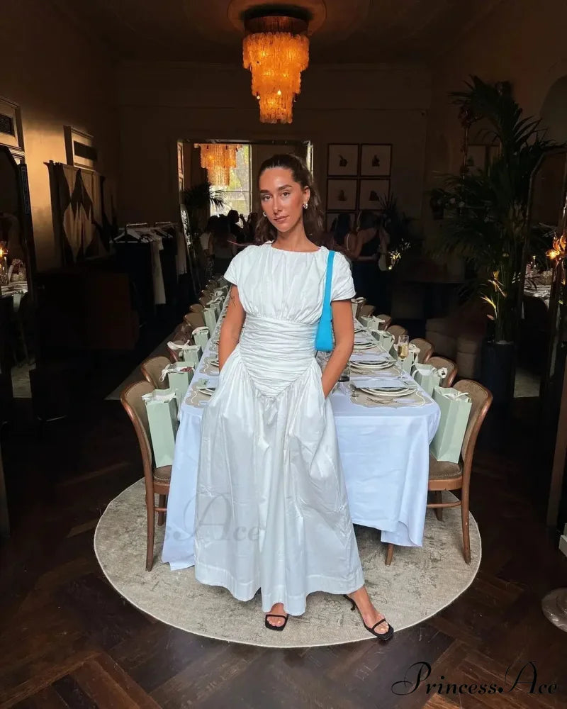 Elegant Red IrRegular Pleated Wrap Waisted Chic Slim Maxi Christmas Party Dress White / S