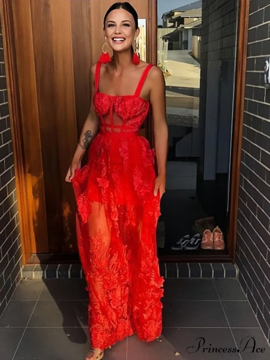 Elegant Red Lace Flowers Maxi Prom Dress