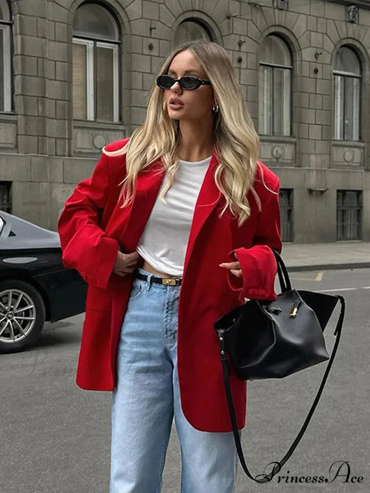 Elegant Red Loose Lapel Long Sleeve Single Breasted Pocket Pad Blazer
