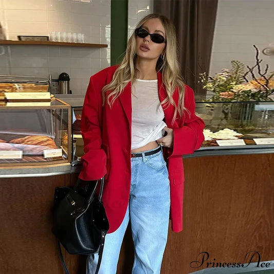 Elegant Red Loose Lapel Long Sleeve Single Breasted Pocket Pad Blazer Red / S