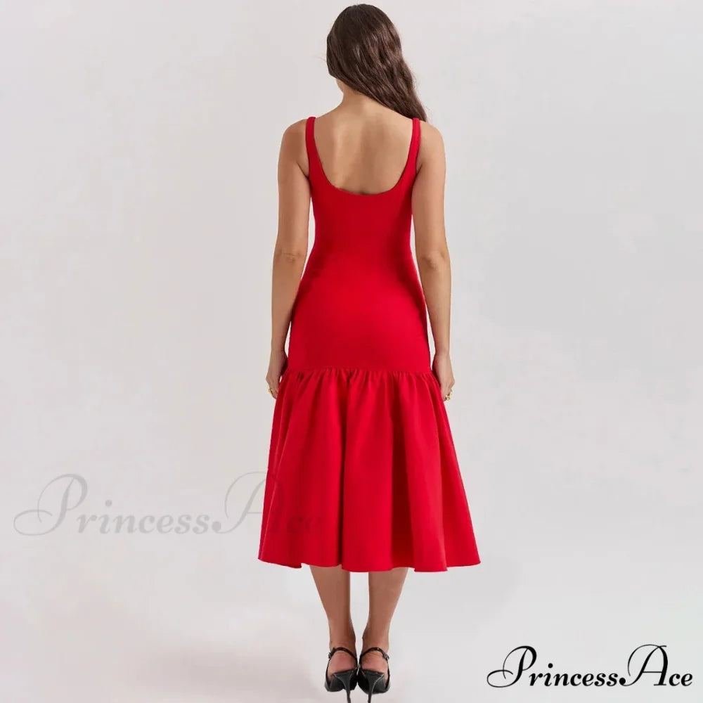 Elegant Red Spaghetti Strap Midi Holiday Dress Casual Birthday Party Dresses Christmas Party Dress