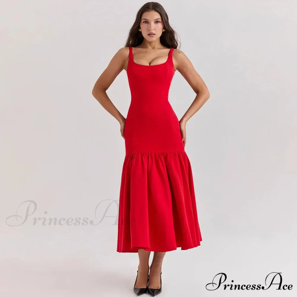 Elegant Red Spaghetti Strap Midi Holiday Dress Casual Birthday Party Dresses Christmas Party Dress Red / XS