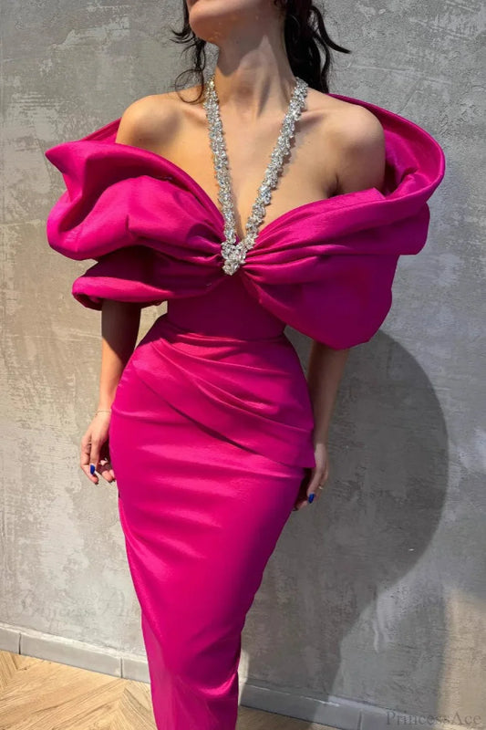 Elegant Rhinestone Halter Off-the-Shoulder Bodycon Evening Dress