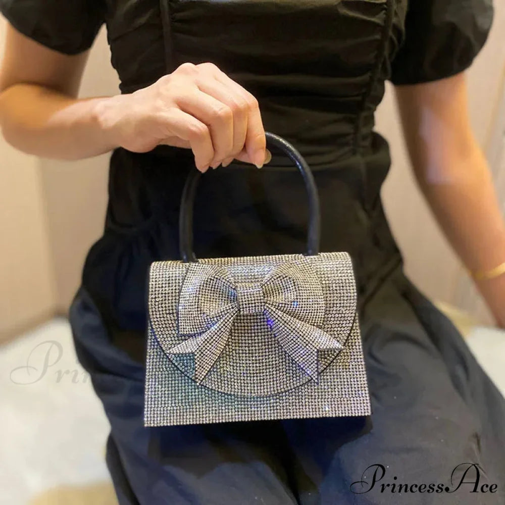Elegant Ribbon Gemstones Metal Petite Clutch Celebration Purse Black / about 18.5x13x6cm clutchbag-250126
