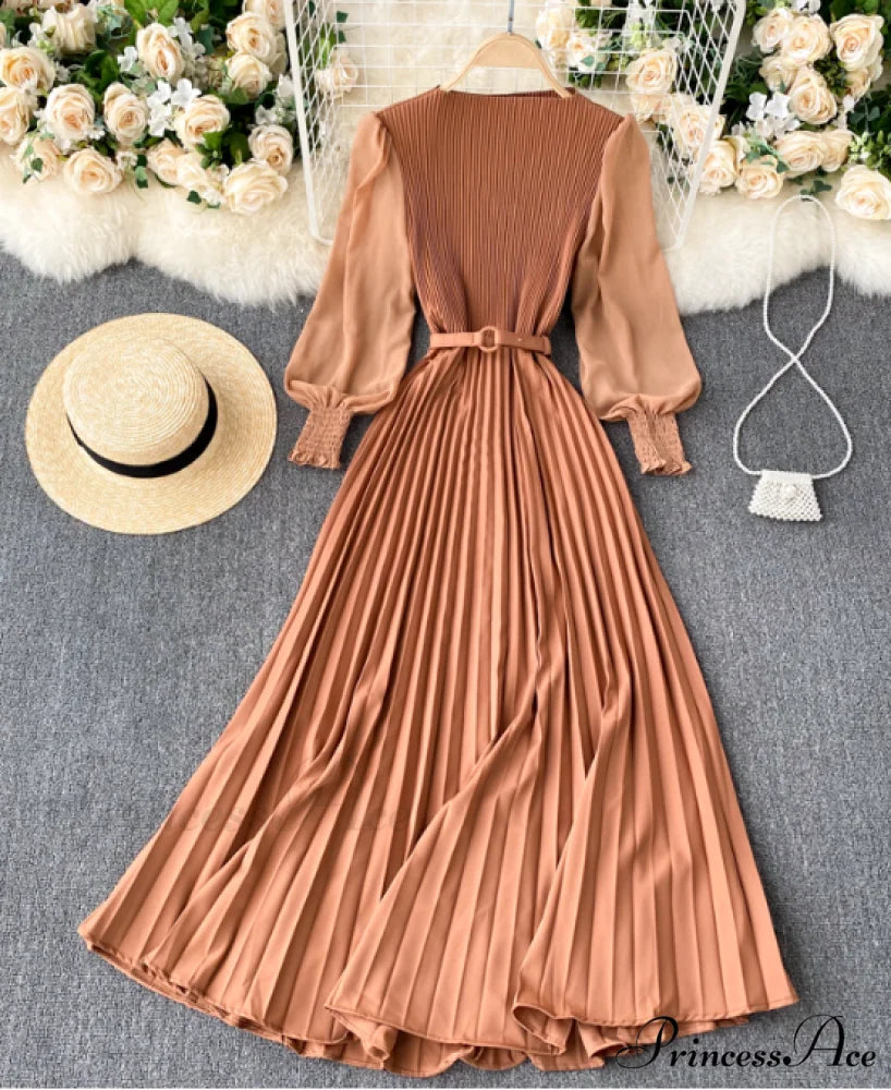 Elegant Round Neck Long Sleeve French Pleated Long Skirt for Women