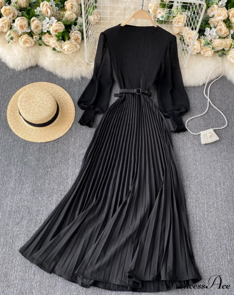 Elegant Round Neck Long Sleeve French Pleated Long Skirt for Women