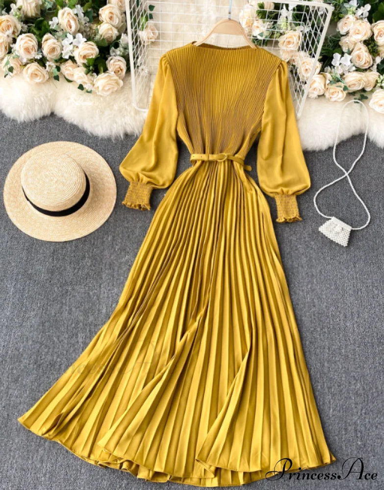 Elegant Round Neck Long Sleeve French Pleated Long Skirt for Women