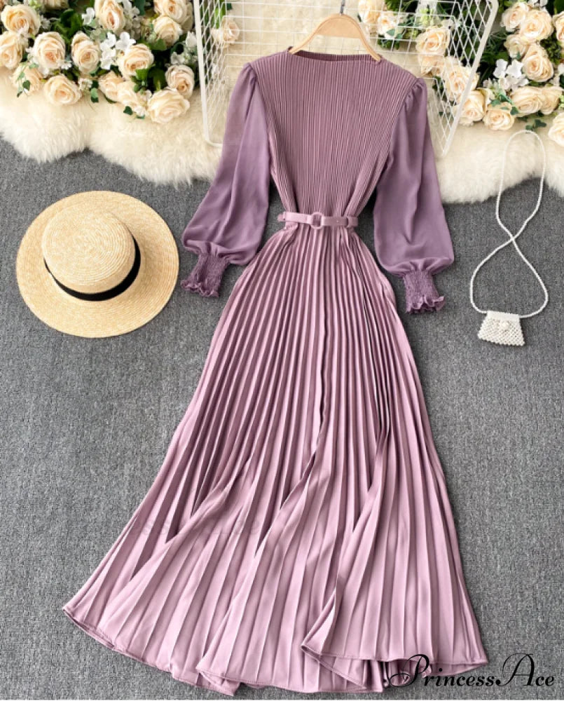 Elegant Round Neck Long Sleeve French Pleated Long Skirt for Women
