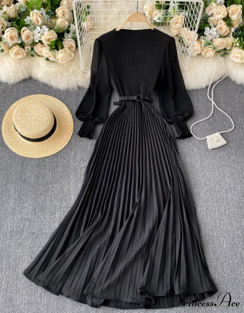 Elegant Round Neck Long Sleeve French Pleated Long Skirt for Women