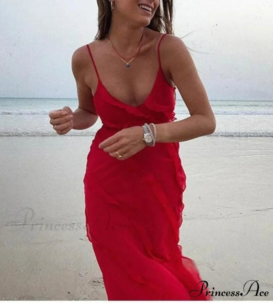 Elegant Ruffles Chiffon Backless Split Maxi Red Christmas Party Dress