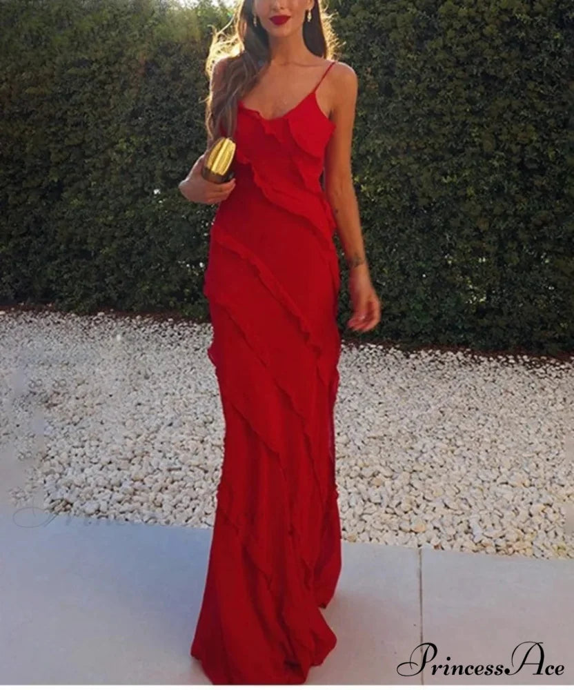 Elegant Ruffles Chiffon Backless Split Maxi Red Christmas Party Dress