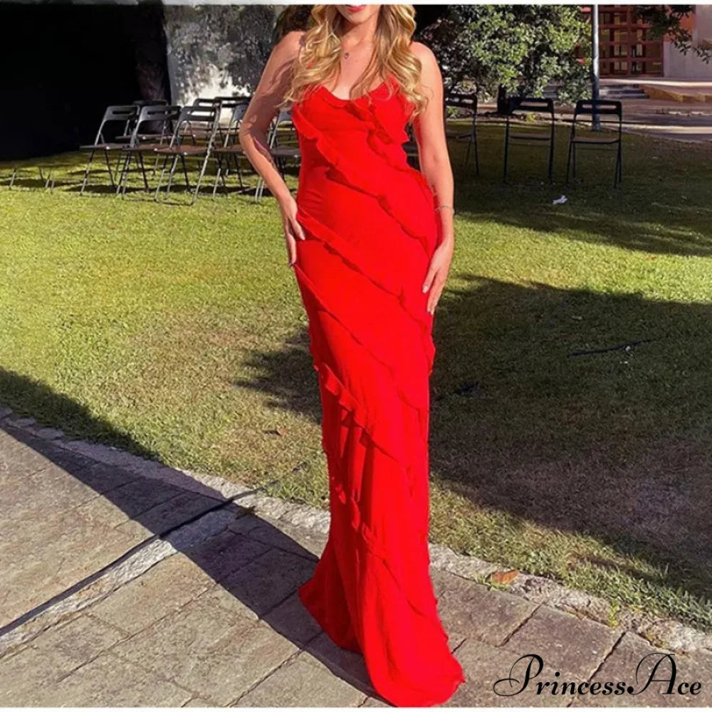 Elegant Ruffles Chiffon Backless Split Maxi Red Christmas Party Dress