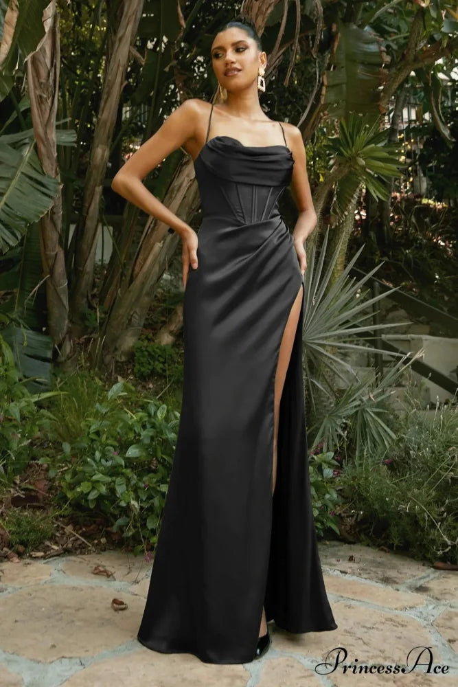 Elegant Satin Cowl Front Lace Up Corset Red Christmas Party Dress Black / S