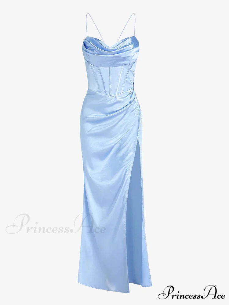 Elegant Satin Cowl Front Lace Up Corset Red Christmas Party Dress Light Blue / S