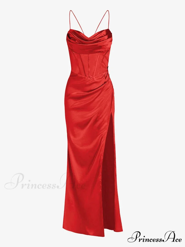 Elegant Satin Cowl Front Lace Up Corset Red Christmas Party Dress Red / S