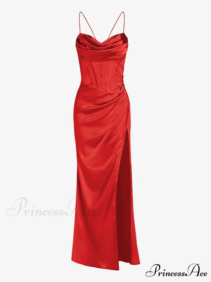 Elegant Satin Cowl Front Lace Up Corset Red Christmas Party Dress Red / S