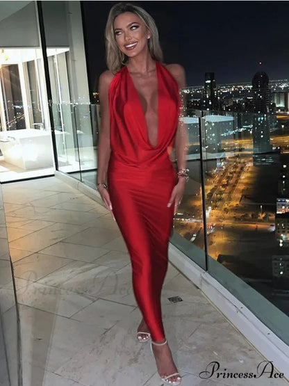 Elegant Satin Deep V Neck Sleeveless Maxi Christmas Party Dress