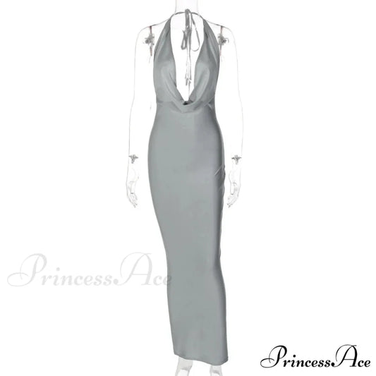 Elegant Satin Deep V Neck Sleeveless Maxi Christmas Party Dress Gray / S